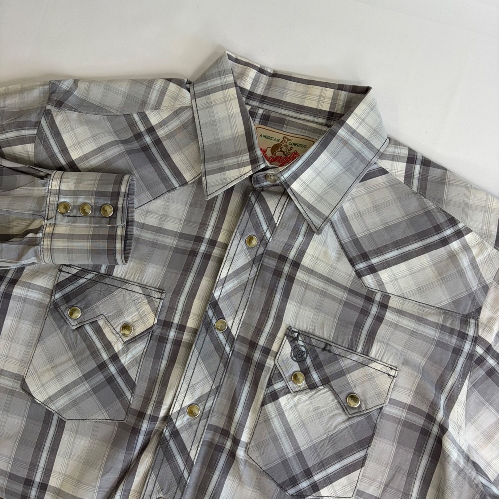 Y2K Wrangler Mens Grey Plaid Western Pearl Snap Long Sleeve Shirt Cowboy Size L